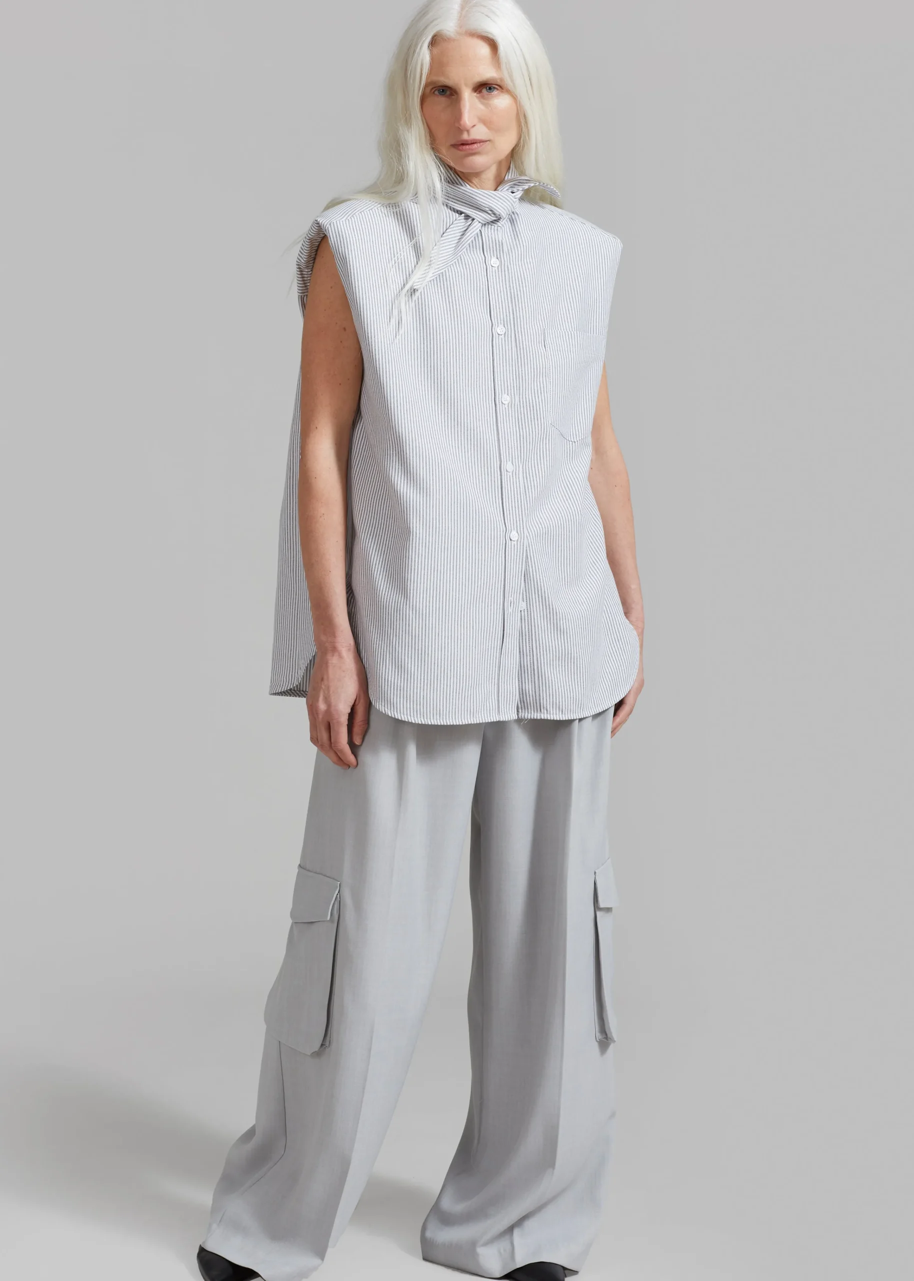 The Frankie Shop Aiden Long Collar Shirt Grey Stripe New
