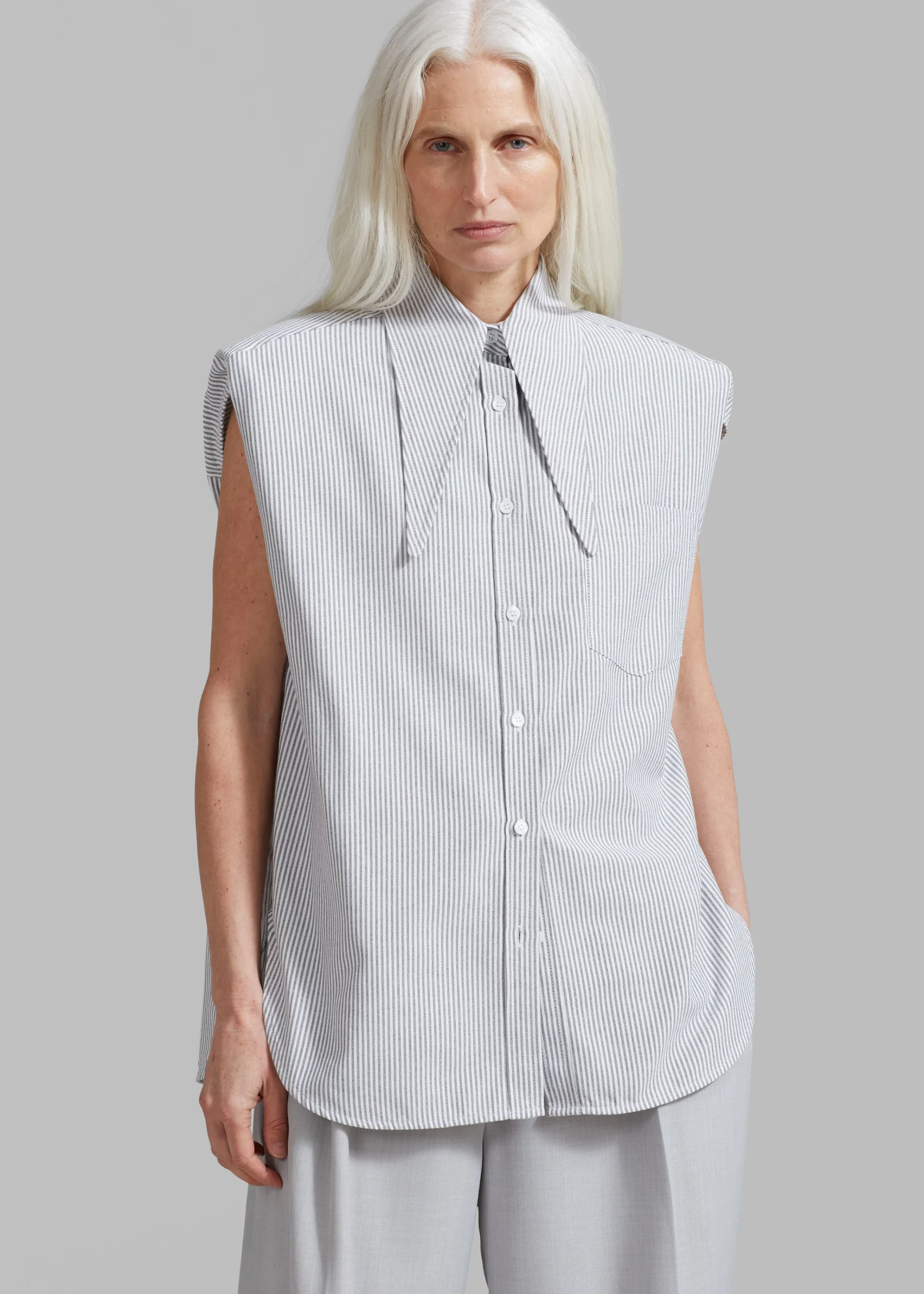 The Frankie Shop Aiden Long Collar Shirt Grey Stripe New