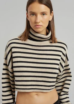 The Frankie Shop Athina Cropped Turtleneck Sweater Beige Stripe Discount