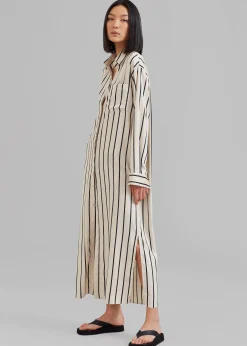 The Frankie Shop Cala Satin Shirt Dress Black Stripe Discount