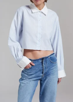 The Frankie Shop Calgari Contrast Cropped Shirt Blue Stripe Best