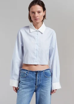 The Frankie Shop Calgari Contrast Cropped Shirt Blue Stripe Best