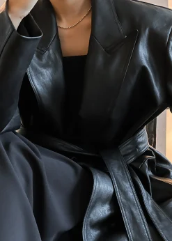 The Frankie Shop Connie Faux Leather Belted Trench Coat Black