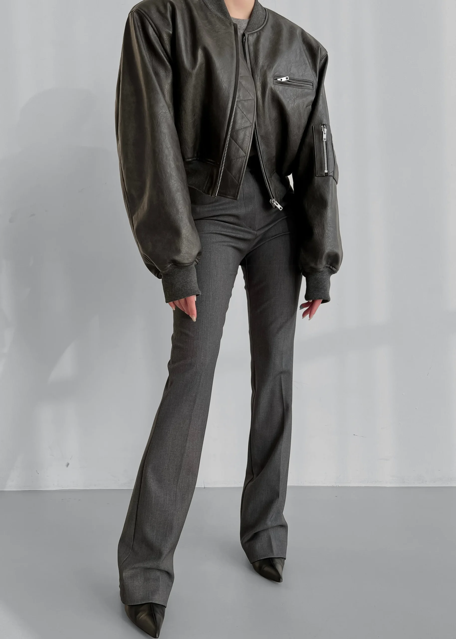 The Frankie Shop Gae Faux Leather Cropped Bomber Charcoal Hot