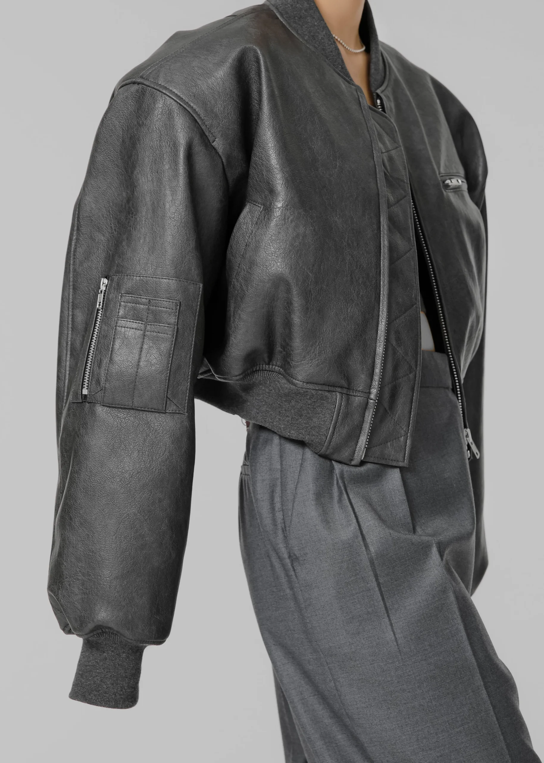 The Frankie Shop Gae Faux Leather Cropped Bomber Charcoal Hot