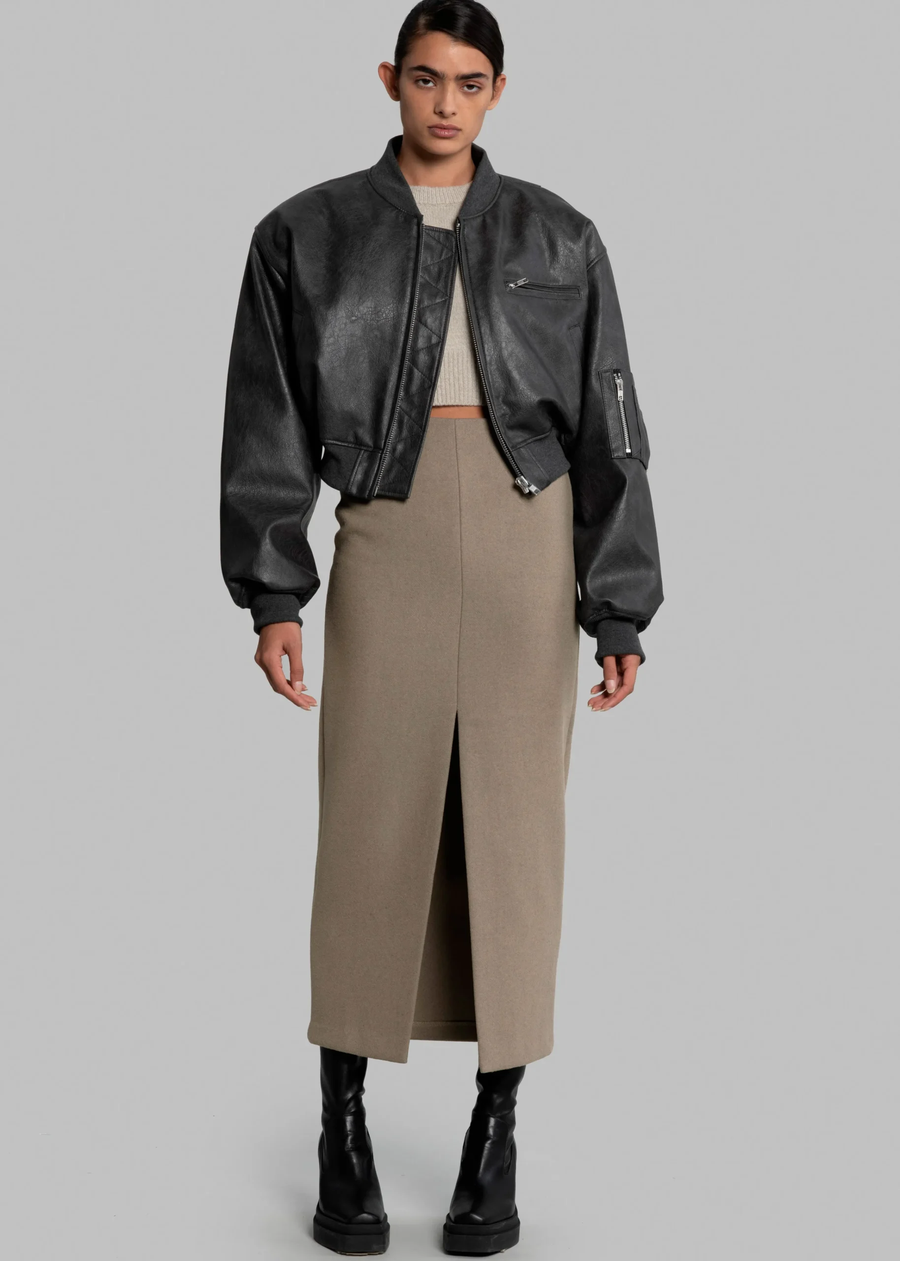 The Frankie Shop Gae Faux Leather Cropped Bomber Charcoal Hot