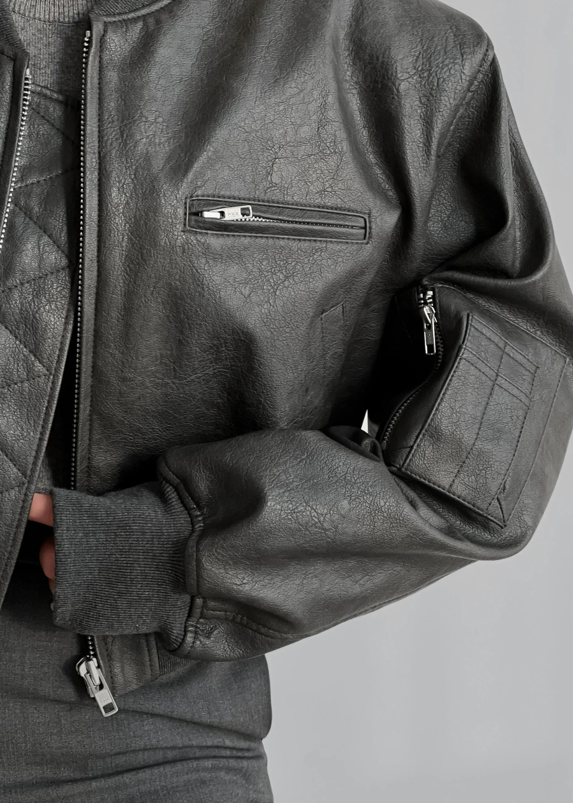 The Frankie Shop Gae Faux Leather Cropped Bomber Charcoal Hot