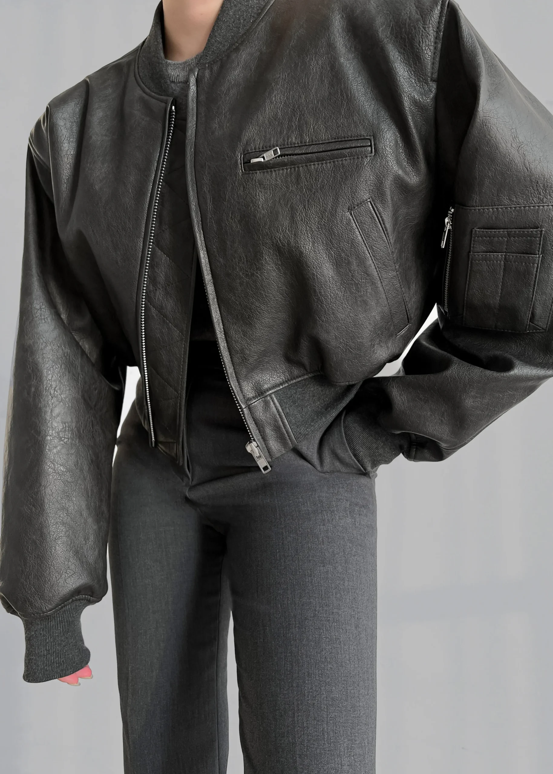 The Frankie Shop Gae Faux Leather Cropped Bomber Charcoal Hot