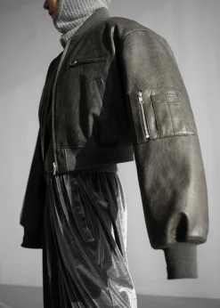 The Frankie Shop Gae Faux Leather Cropped Bomber Charcoal Hot
