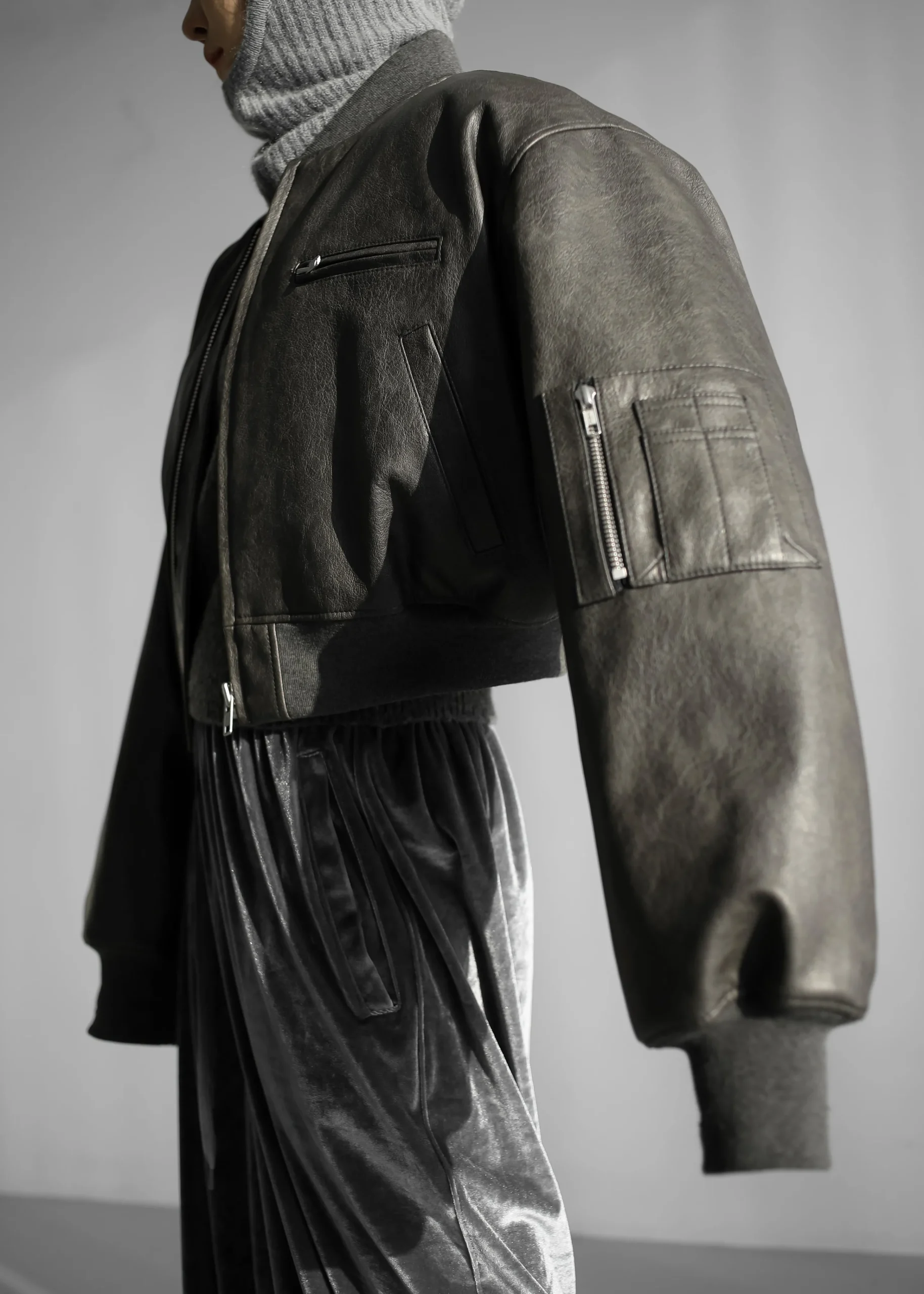 The Frankie Shop Gae Faux Leather Cropped Bomber Charcoal Hot
