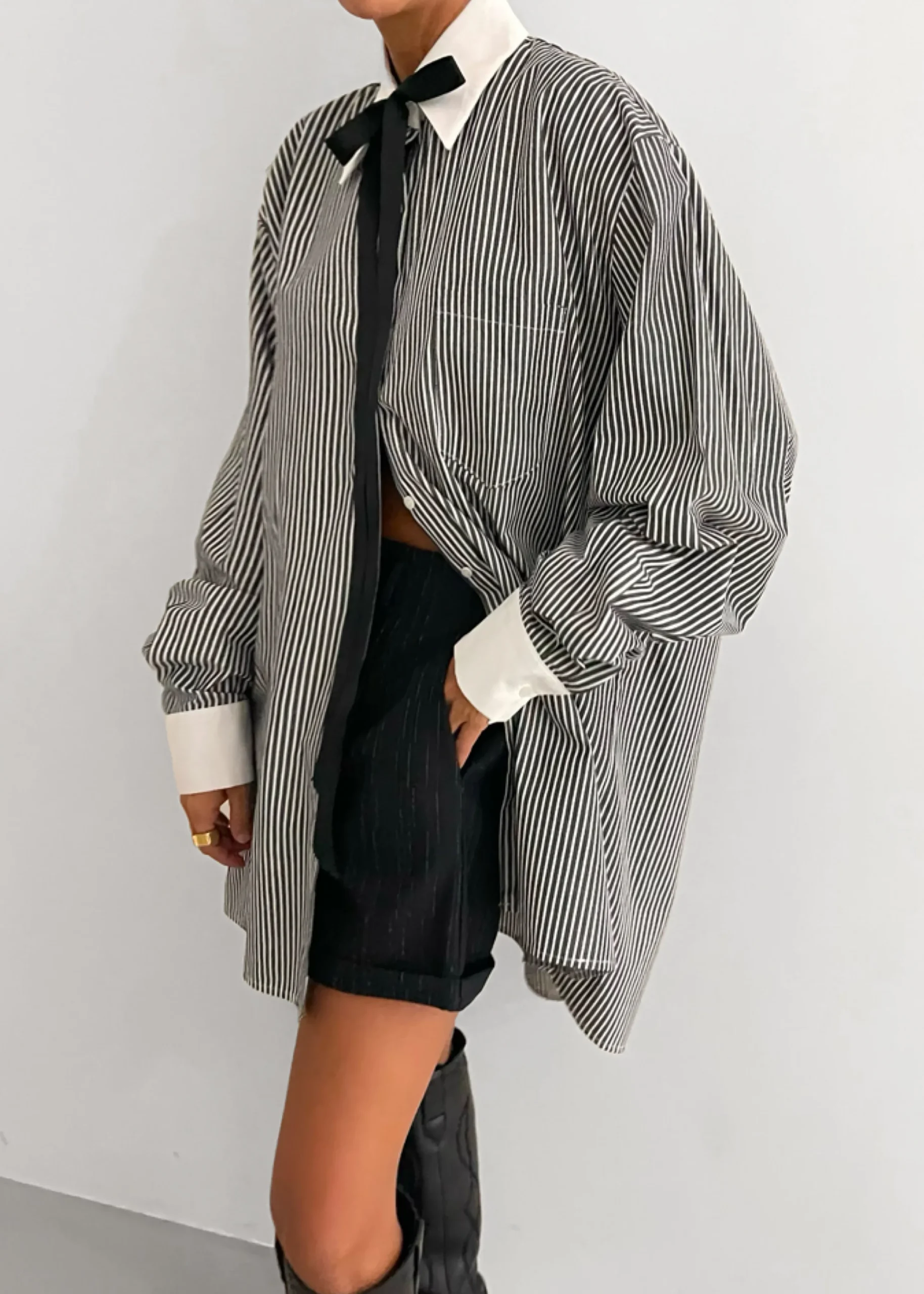 The Frankie Shop Jany Tie-Neck Shirt Black Stripe Outlet