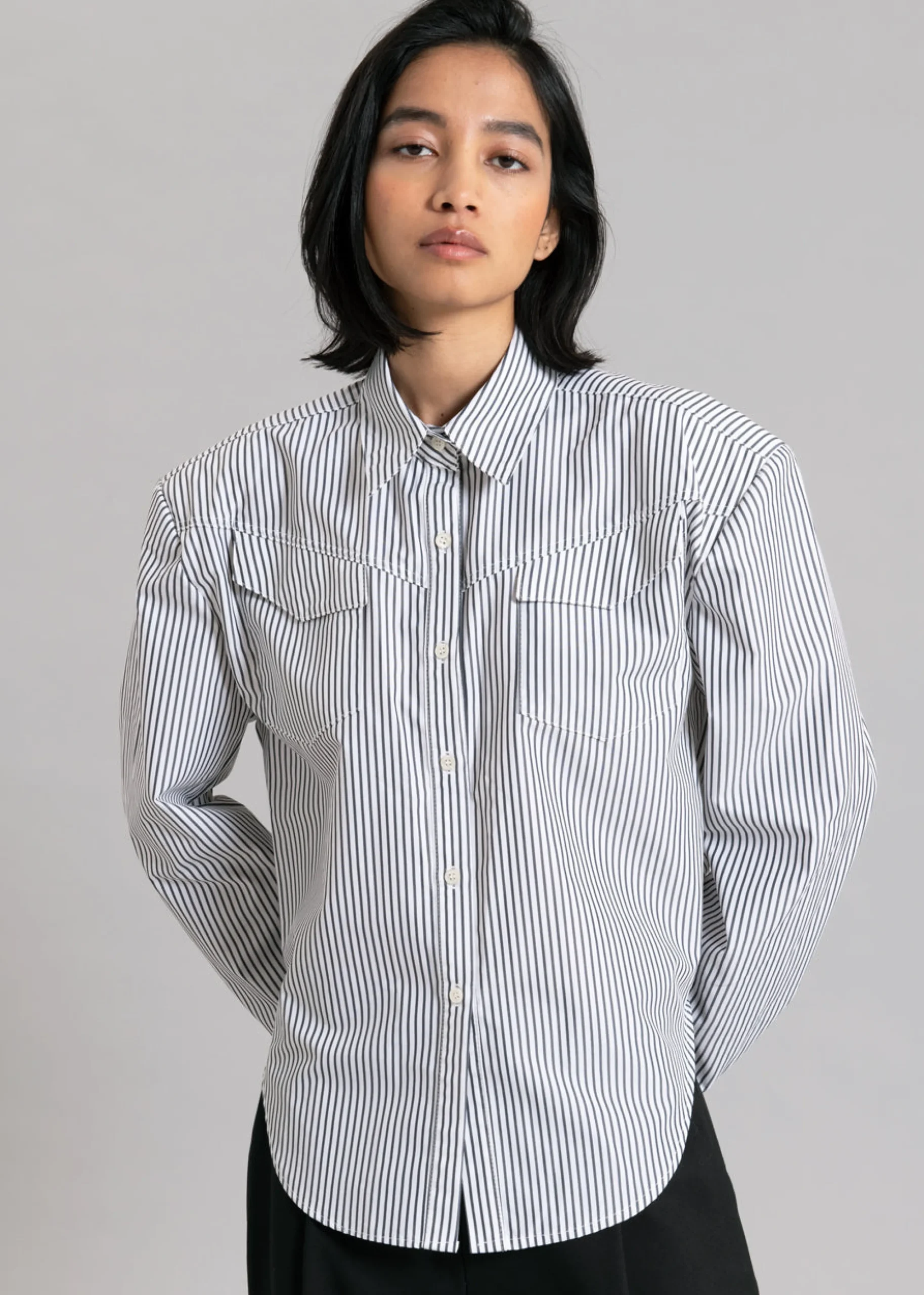 The Frankie Shop Jeanne Padded Shirt Black Stripe Sale