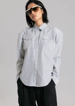 The Frankie Shop Jeanne Padded Shirt Black Stripe Sale