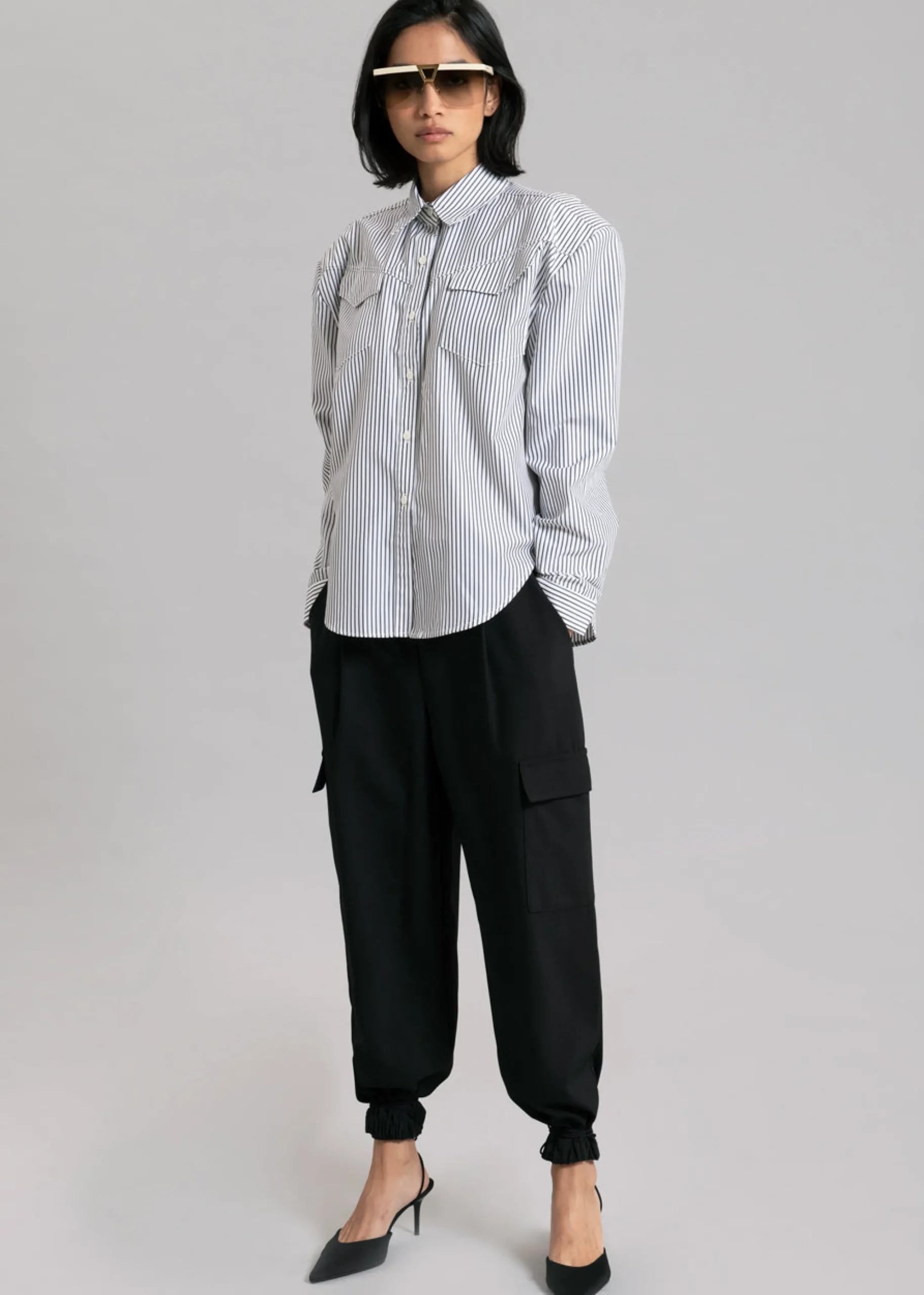 The Frankie Shop Jeanne Padded Shirt Black Stripe Sale