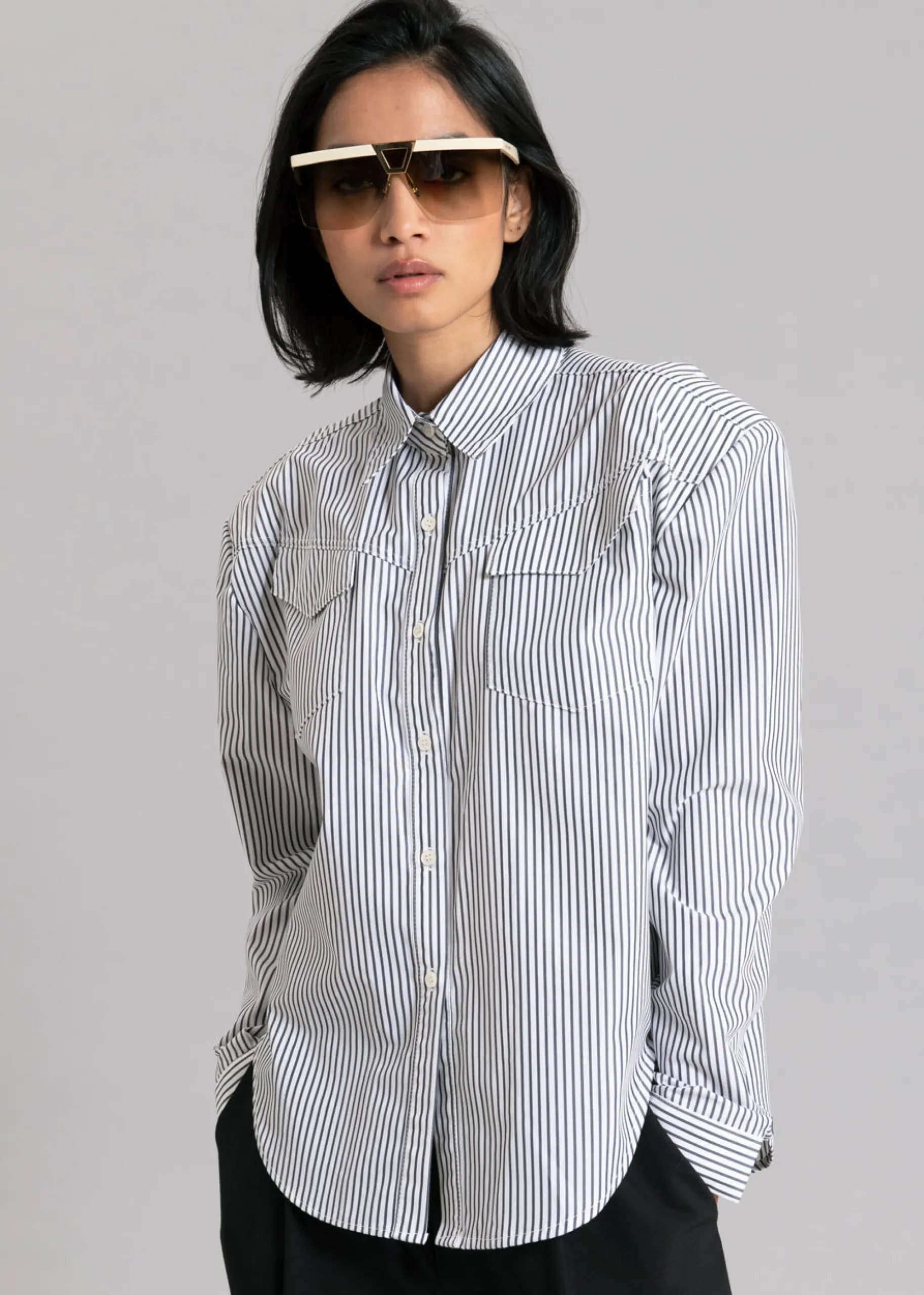 The Frankie Shop Jeanne Padded Shirt Black Stripe Sale