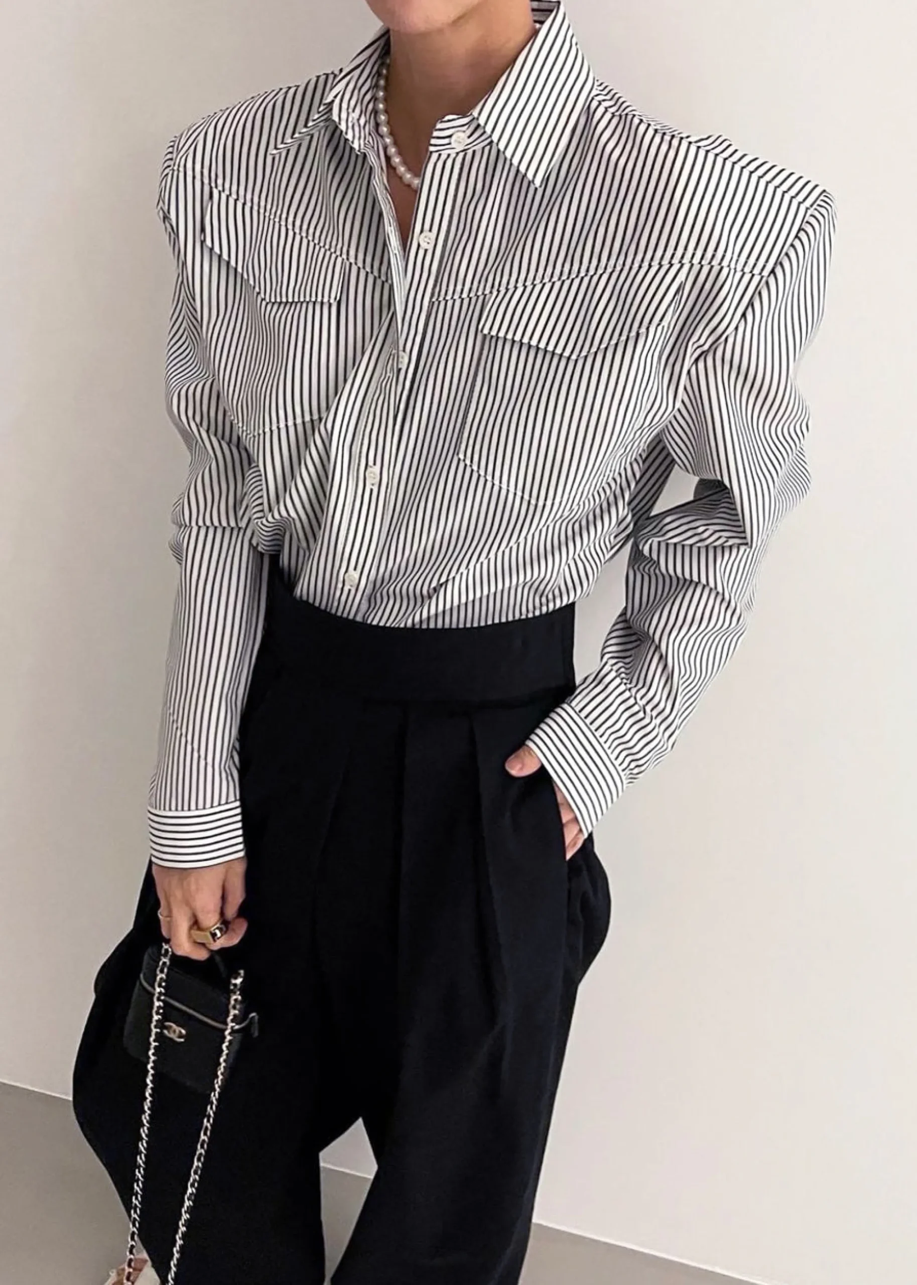The Frankie Shop Jeanne Padded Shirt Black Stripe Sale