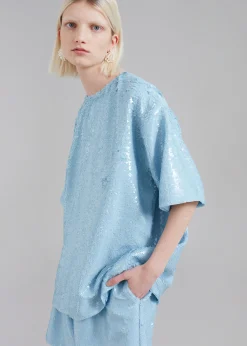 The Frankie Shop Jones Boxy Sequins Tee Sky Clearance