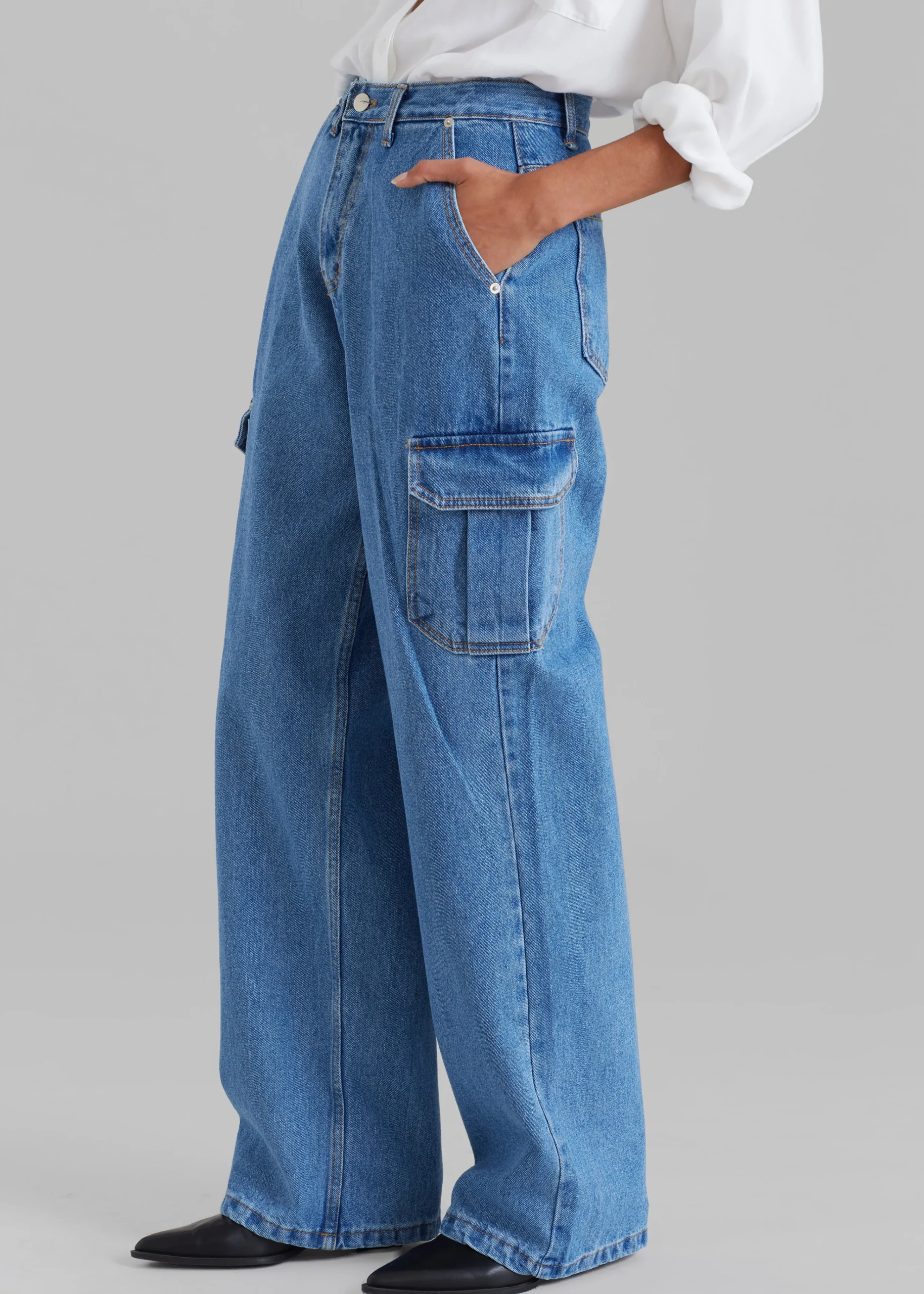 The Frankie Shop Kai Cargo Denim Pants Blue Denim