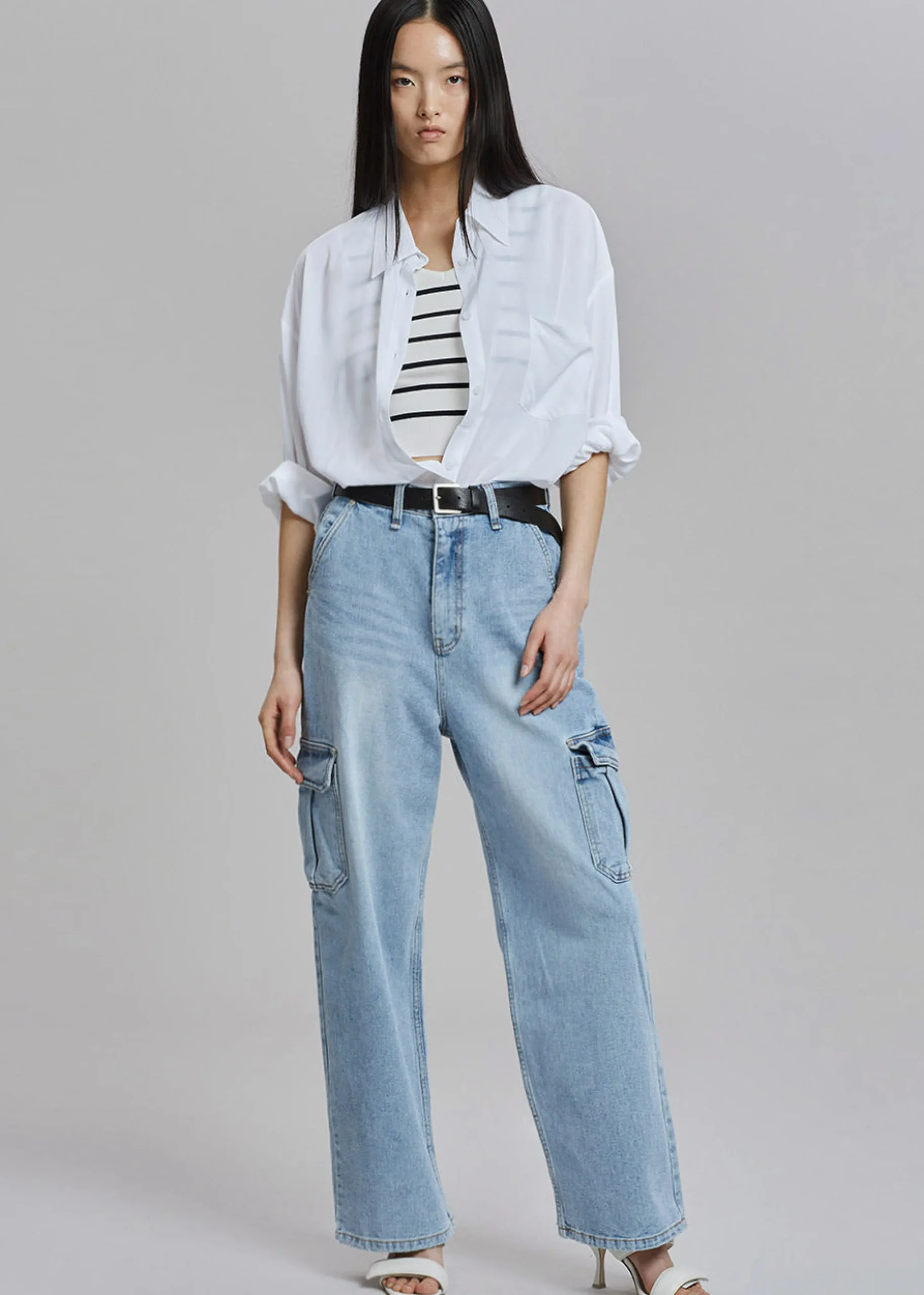 The Frankie Shop Kai Cargo Denim Pants Worn Wash Hot
