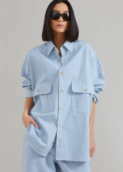The Frankie Shop Kaline Light Blue Pocket Shirt White Stripe Hot
