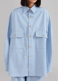 The Frankie Shop Kaline Light Blue Pocket Shirt White Stripe Hot