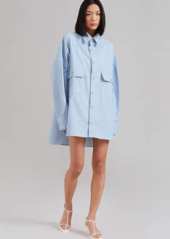 The Frankie Shop Kaline Light Blue Pocket Shirt White Stripe Hot