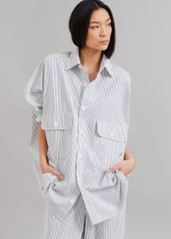The Frankie Shop Kaline White Pocket Shirt Navy Stripe New