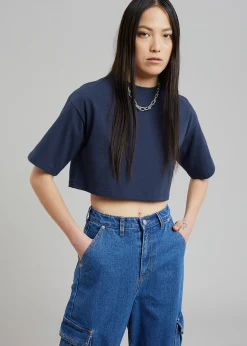 The Frankie Shop Karina Cropped T-Shirt Navy Clearance