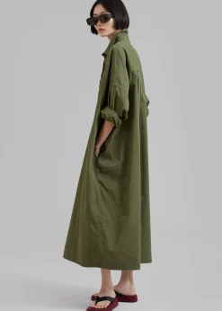 The Frankie Shop Kason Oversized Shirt Dress Dark Olive Discount