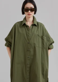 The Frankie Shop Kason Oversized Shirt Dress Dark Olive Discount