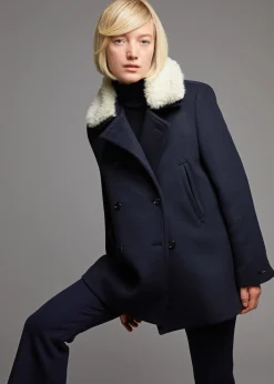 The Frankie Shop Kimmo Faux Fur Collar Peacoat Navy Sale