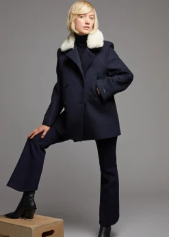 The Frankie Shop Kimmo Faux Fur Collar Peacoat Navy Sale