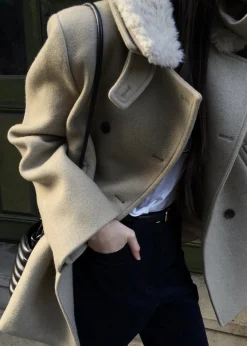 The Frankie Shop Kimmo Faux Fur Collar Peacoat Beige Discount