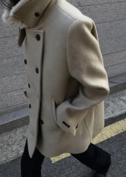 The Frankie Shop Kimmo Faux Fur Collar Peacoat Beige Discount