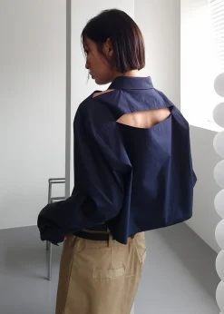 The Frankie Shop Lara Open Shoulder Cropped Shirt Navy Sale