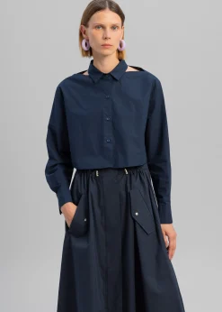 The Frankie Shop Lara Open Shoulder Cropped Shirt Navy Sale