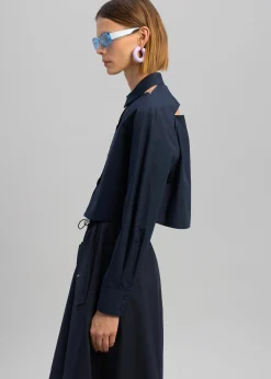 The Frankie Shop Lara Open Shoulder Cropped Shirt Navy Sale