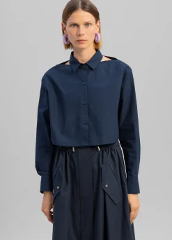 The Frankie Shop Lara Open Shoulder Cropped Shirt Navy Sale