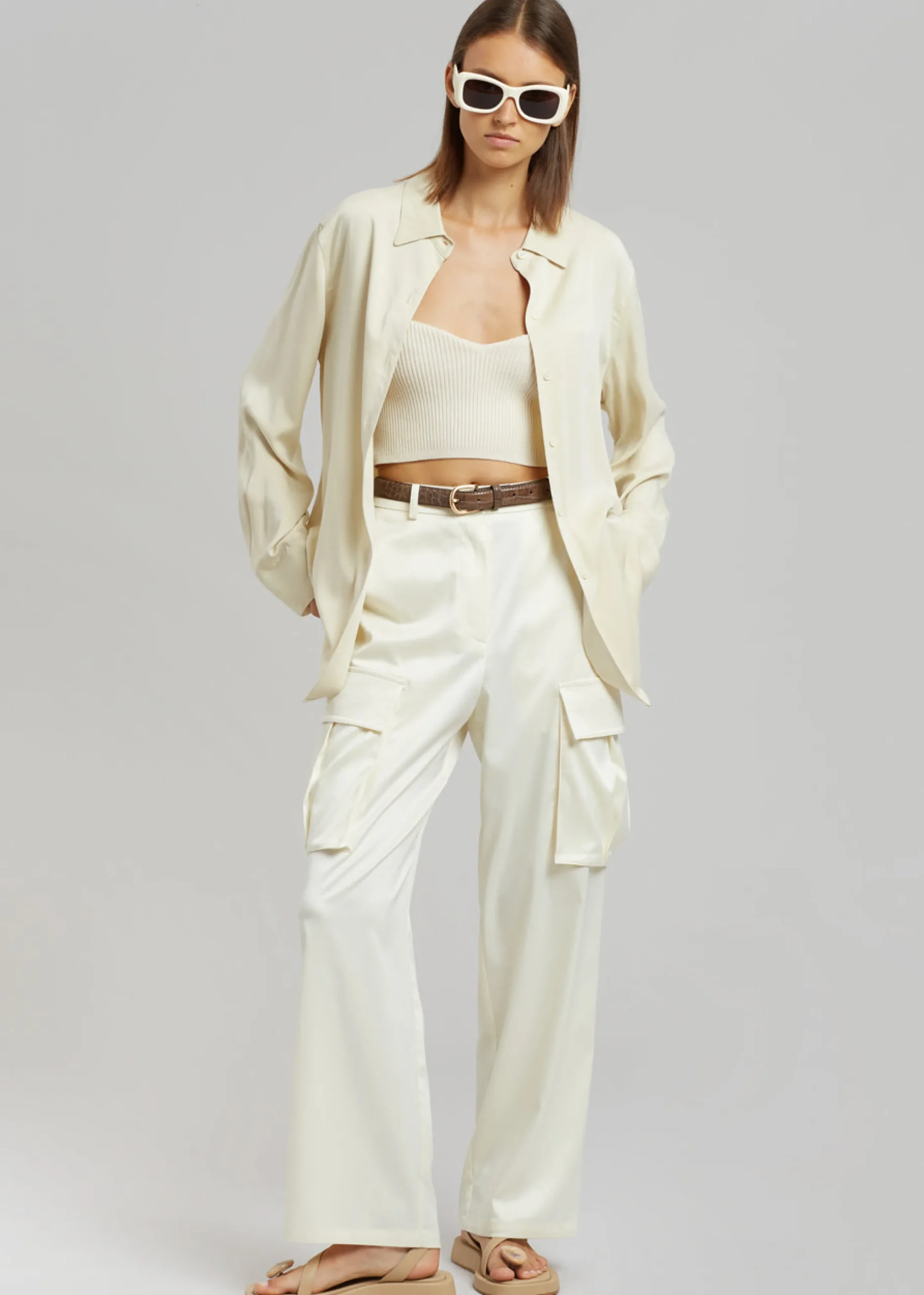 The Frankie Shop Lauren Silky Cargo Pants Cream Best