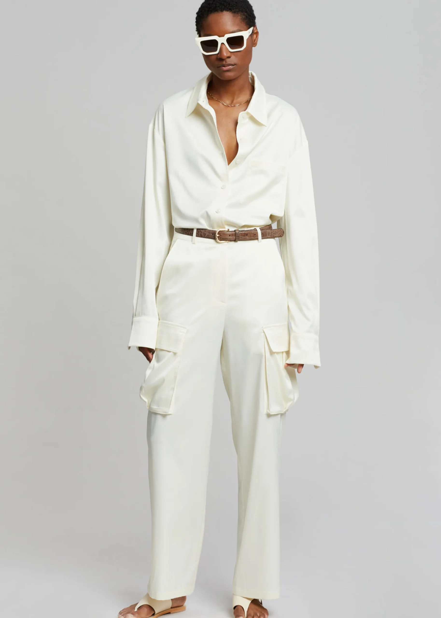 The Frankie Shop Lauren Silky Cargo Pants Cream Best