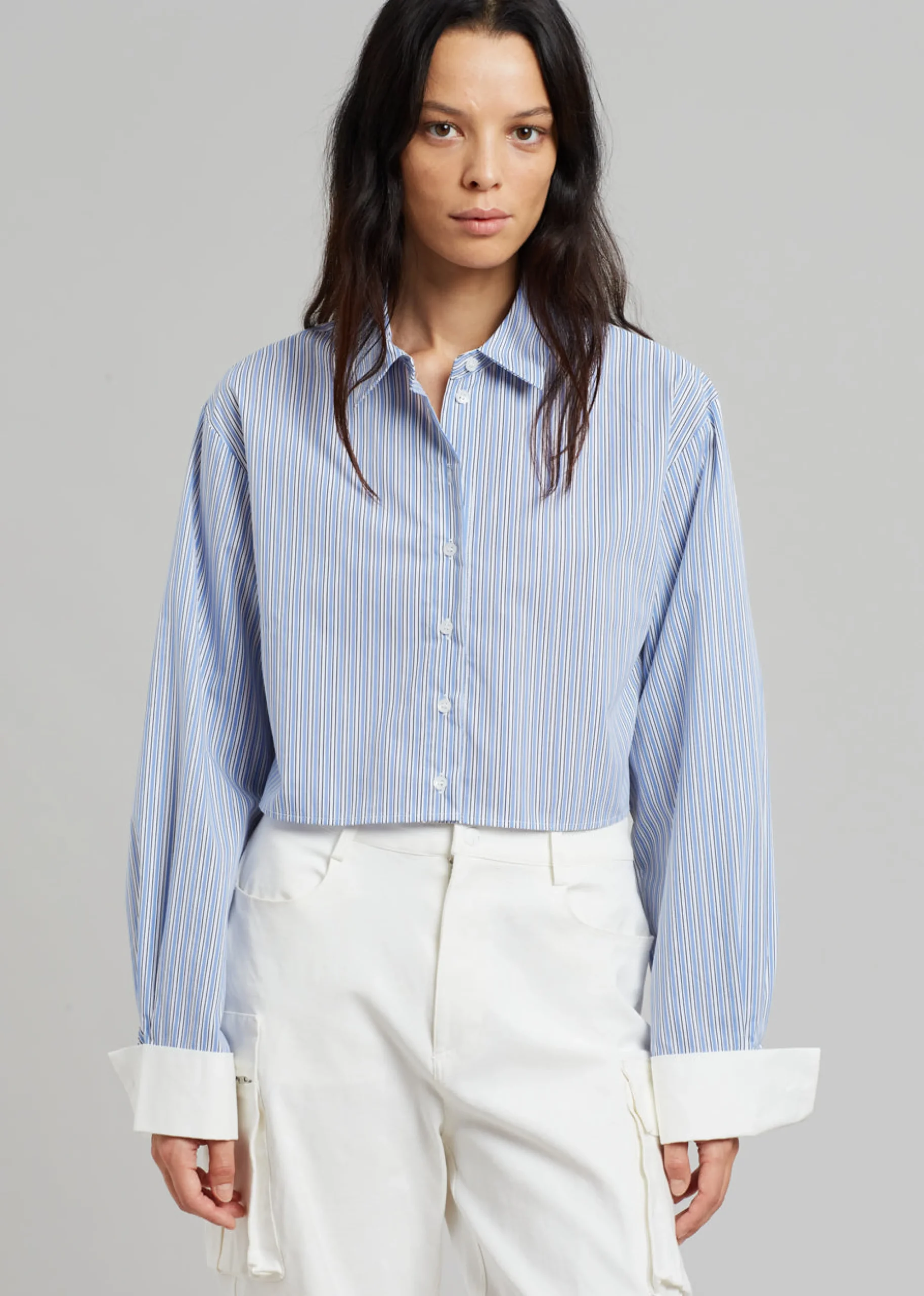 The Frankie Shop Lil Contrast Cuff Shirt Blue Stripe Best