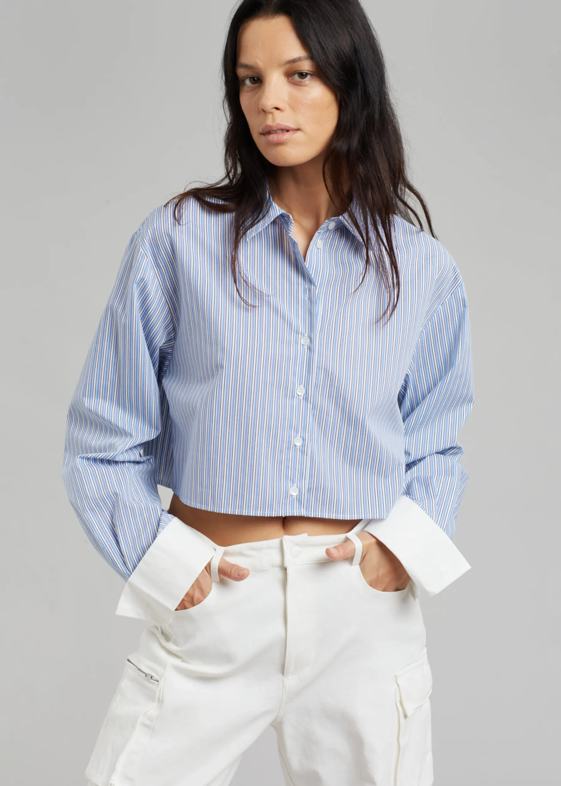 The Frankie Shop Lil Contrast Cuff Shirt Blue Stripe Best