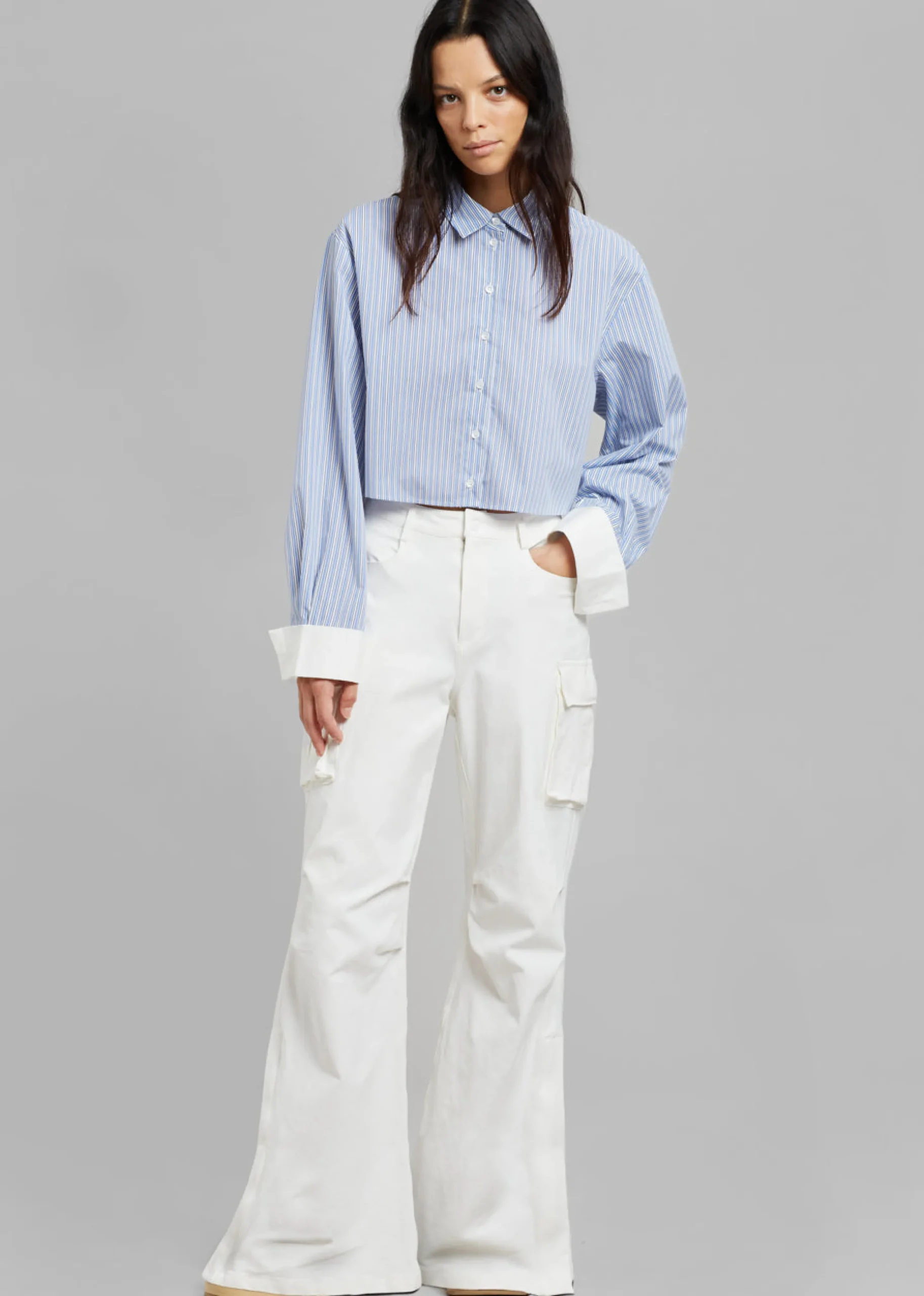 The Frankie Shop Lil Contrast Cuff Shirt Blue Stripe Best