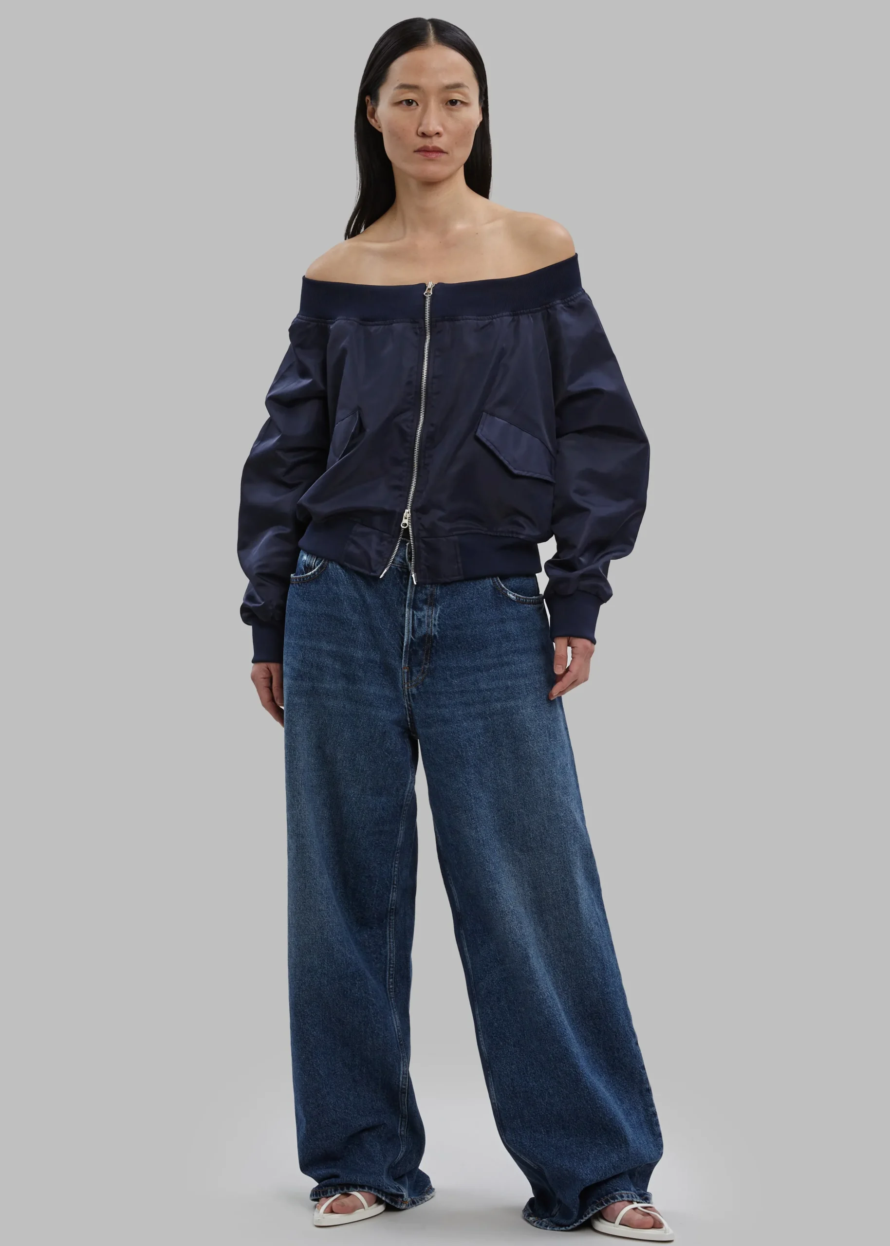 The Frankie Shop Lilya Off Shoulder Bomber Navy