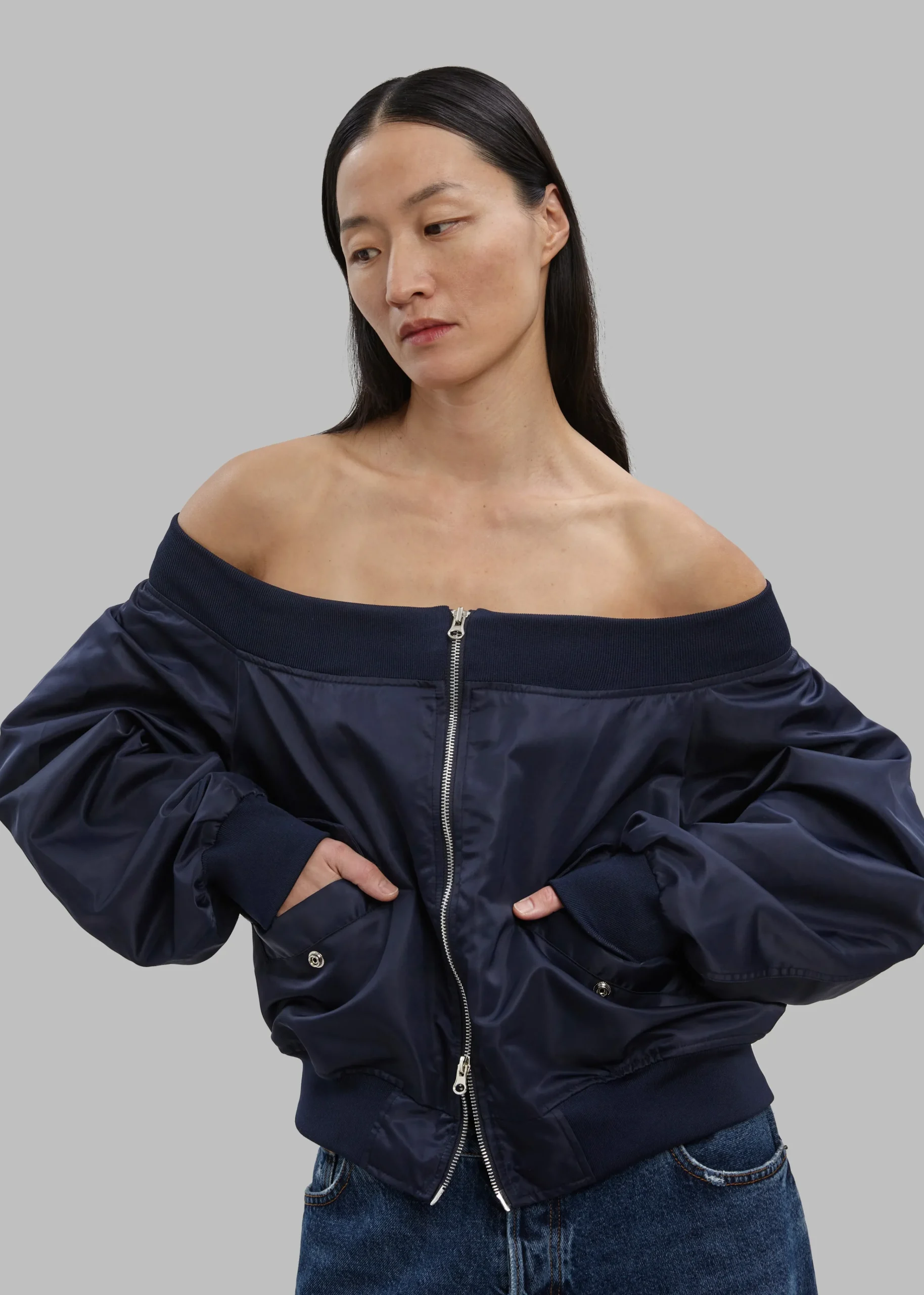 The Frankie Shop Lilya Off Shoulder Bomber Navy