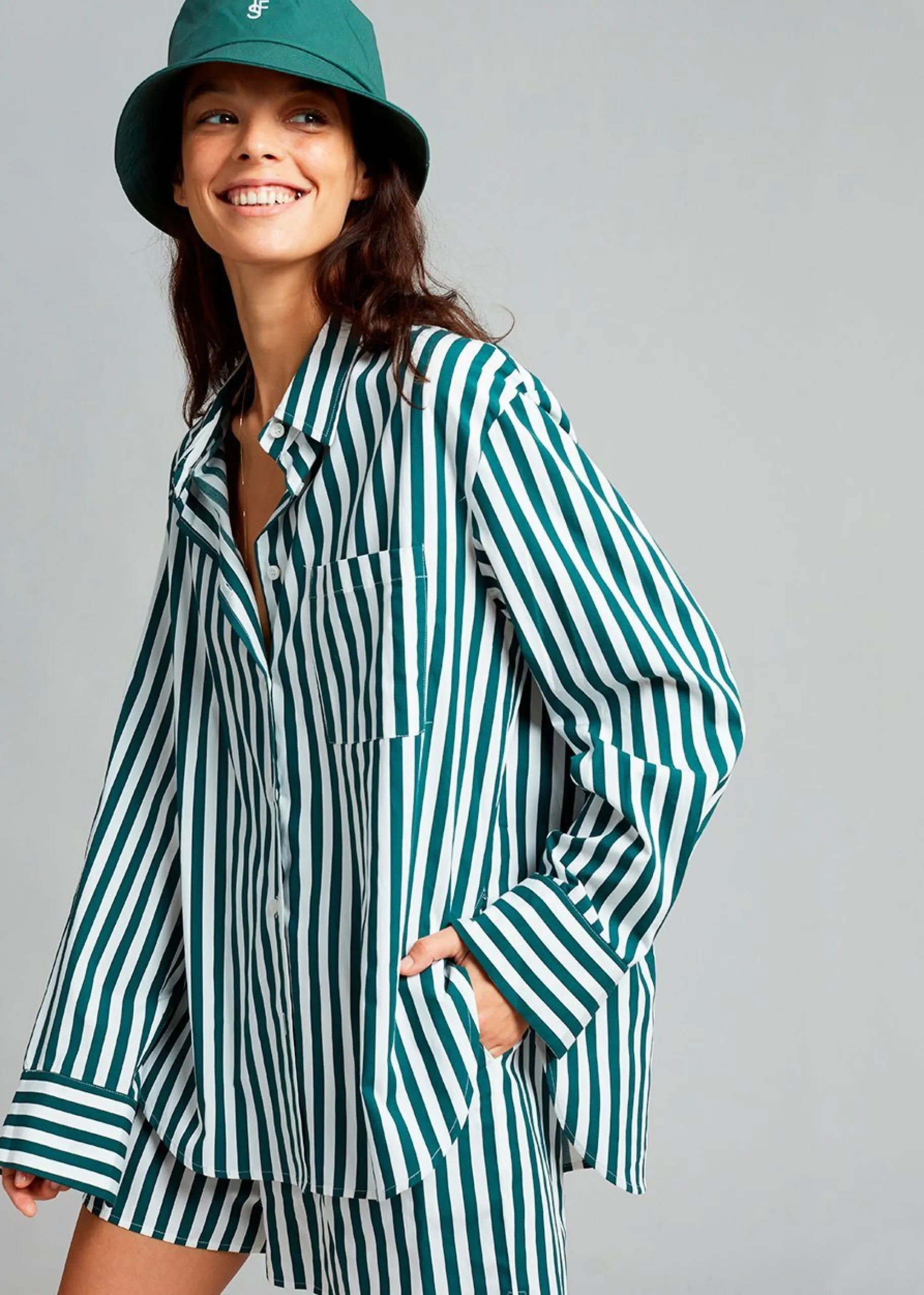 The Frankie Shop Lui Cotton Shirt Pine Stripe
