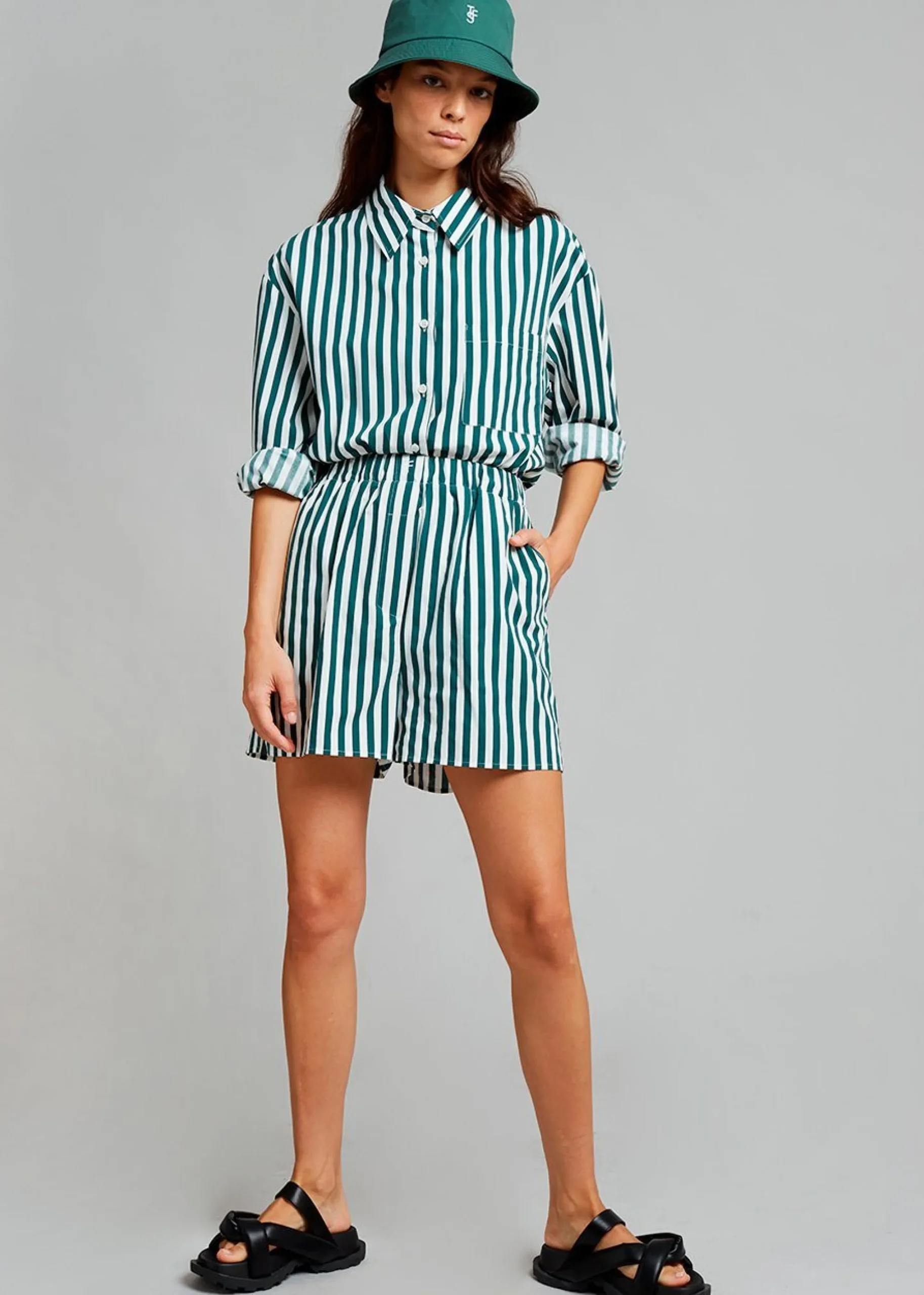 The Frankie Shop Lui Cotton Shirt Pine Stripe