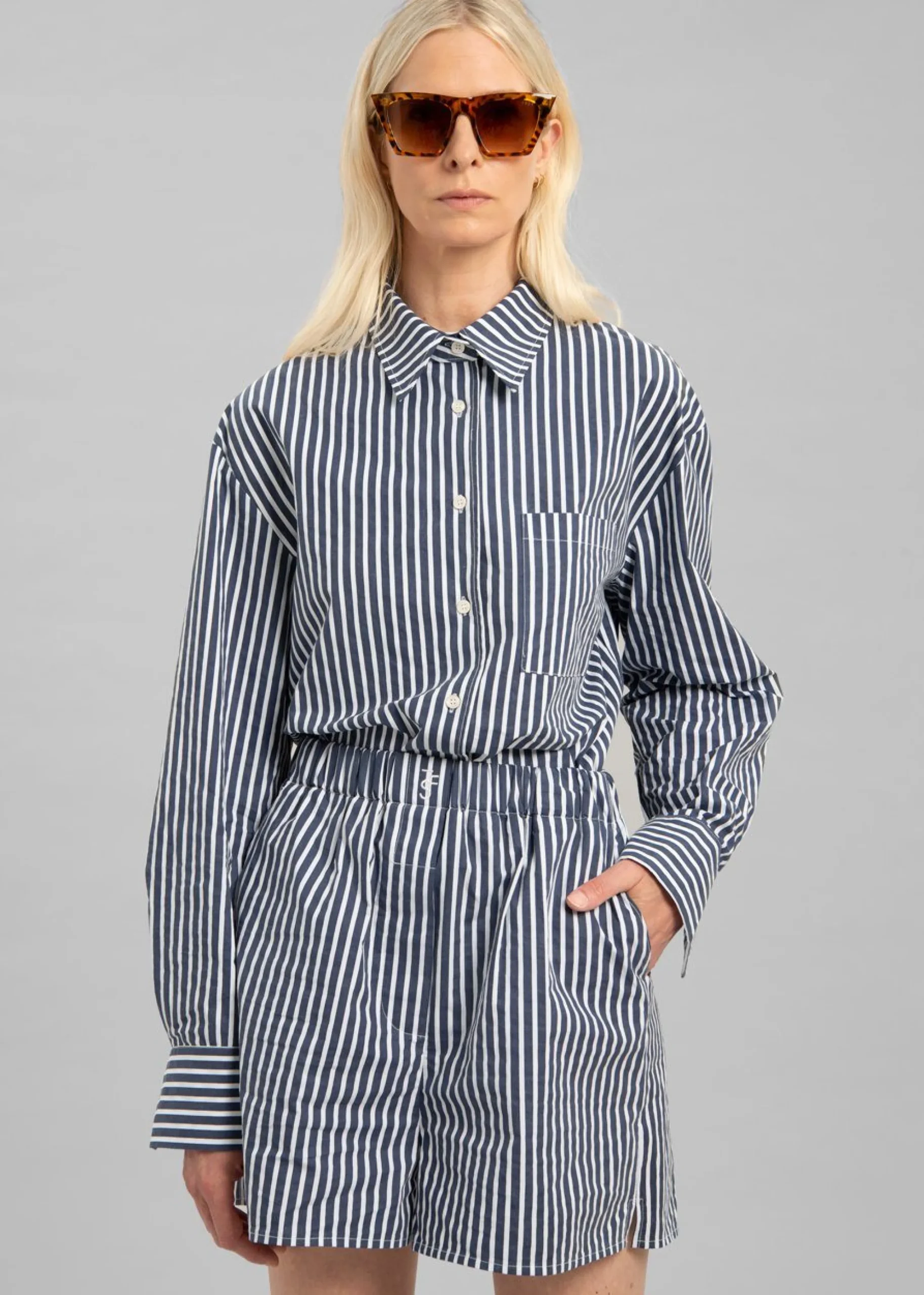 The Frankie Shop Lui Cotton Shirt Navy Stripe Online