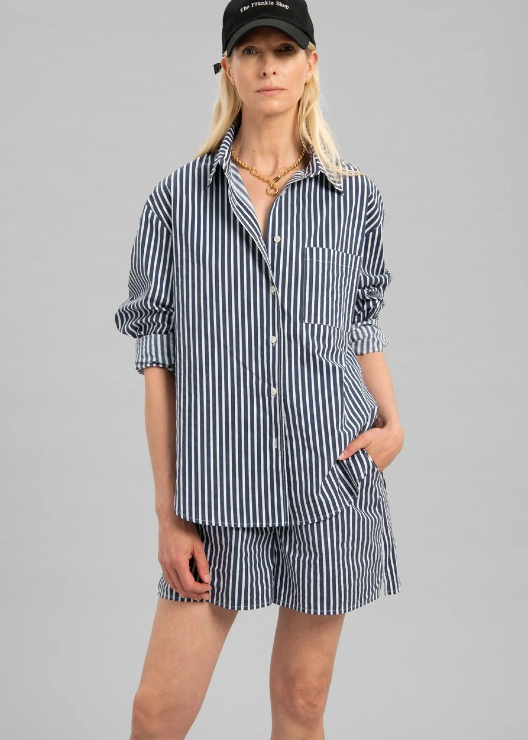 The Frankie Shop Lui Cotton Shirt Navy Stripe Online