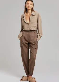 The Frankie Shop Lui Fluid Pinstripe Shirt Camel New
